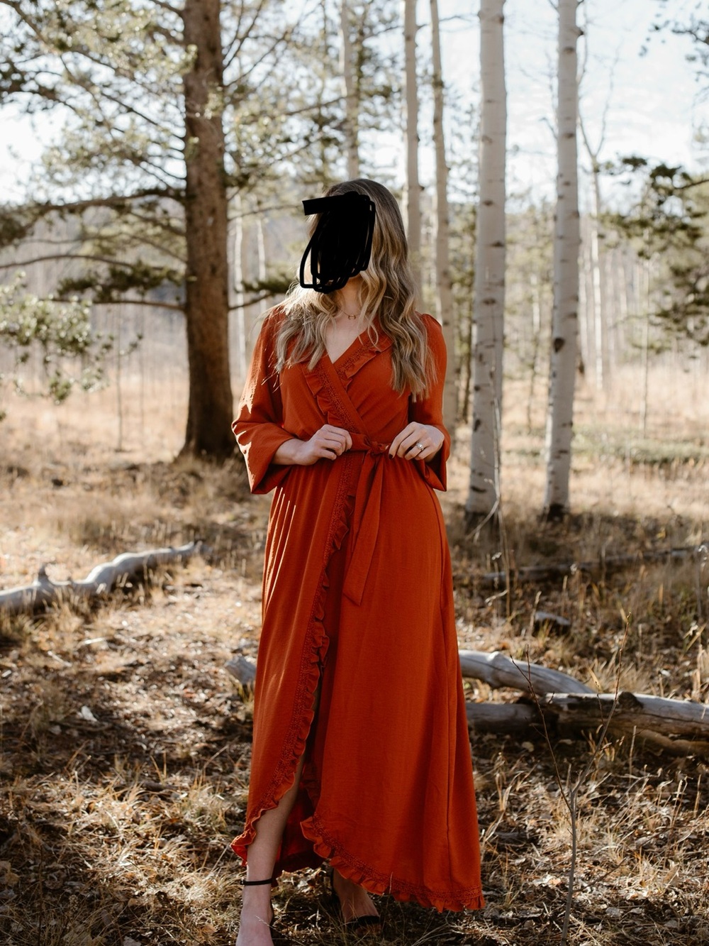 Rust Ruffle-Trim Wrap Maxi Dress - Women